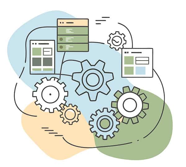 Automated workflow and integration gears with digital interface screens for efficient business processes.
