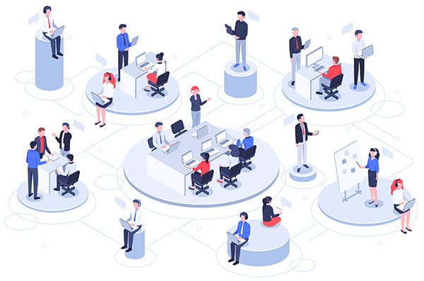 Illustration of diverse professionals working collaboratively in a modern digital workspace with devices and communication tools.